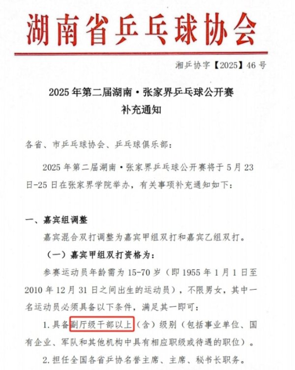 配资股网 张家界乒乓球公开赛设干部职级门槛引关注，回应：仅限嘉宾组